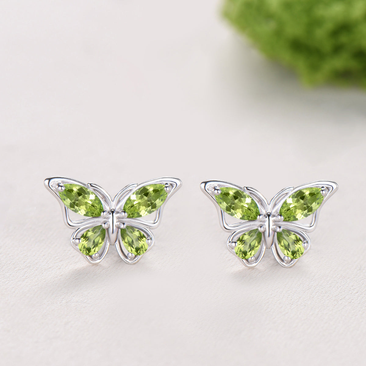 Unique Marquise Pear Natural Peridot Butterfly Necklace,Peridot Butterfly Stud Earrings, Jewelry Set For Gift