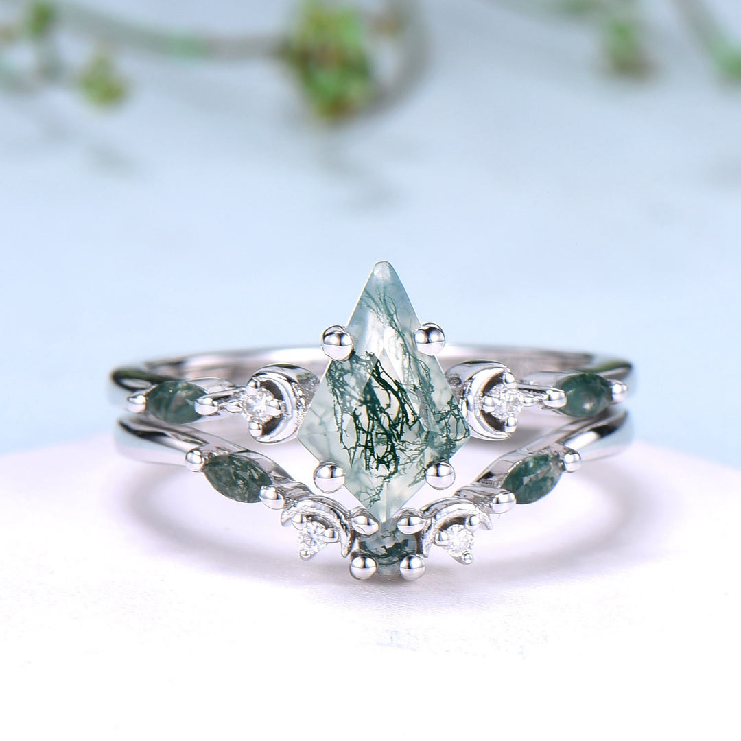 Vintage kite cut moss agate ring Five Stone crescent moon engagement ring art deco delicate bridal wedding set handmade anniversary gift - PENFINE