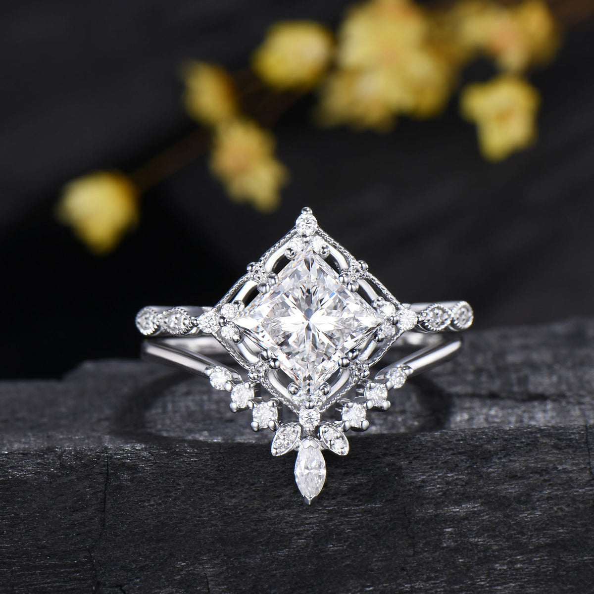 2CT Princess Cut Moissanite Art Deco Bridal Ring Set Moissanite White Gold Matching Band