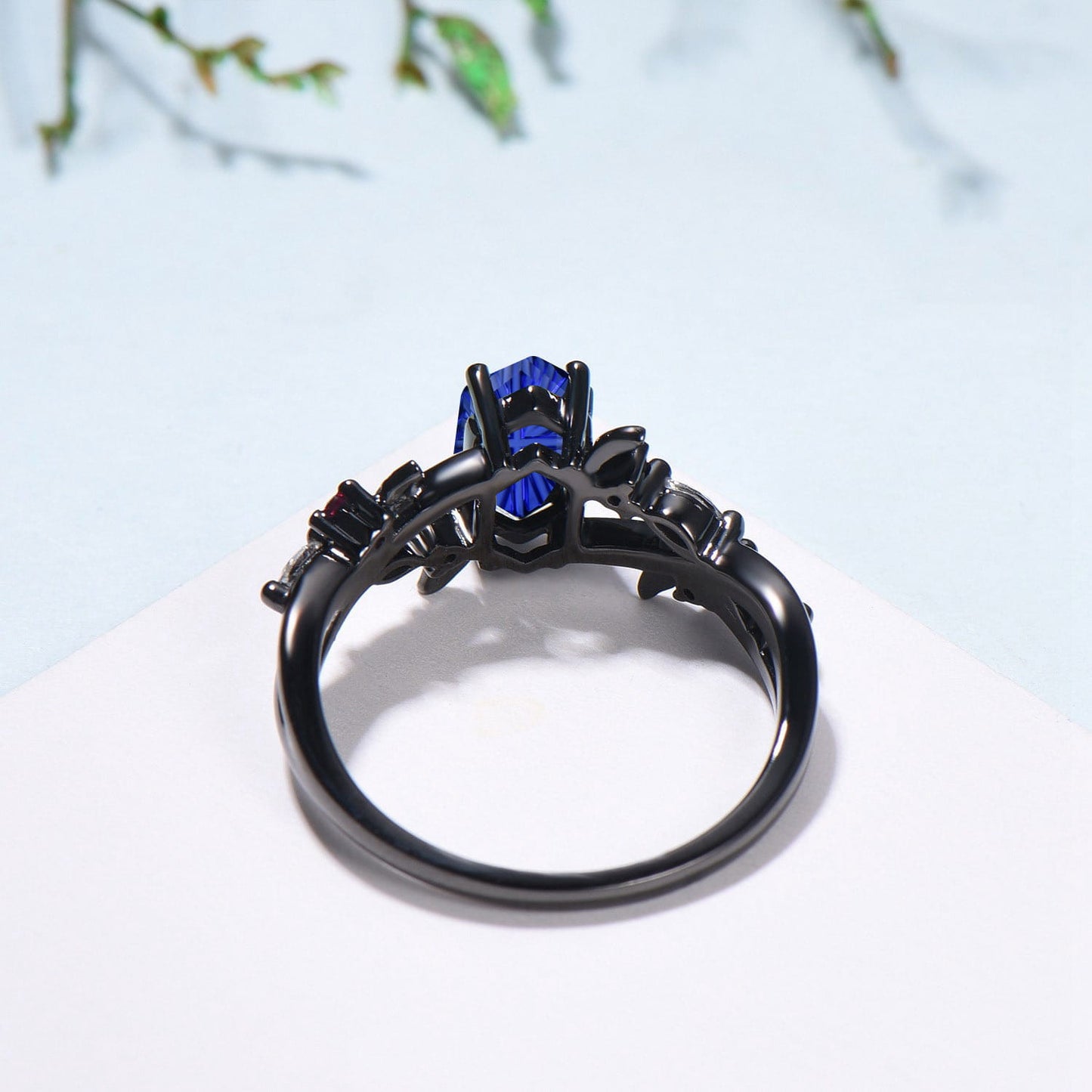 Gothic Split Shank Black Gold Hexagon Cut Starbrite Sapphire Engagement Ring, Leaf Vine Cluster Opal Jewelry
