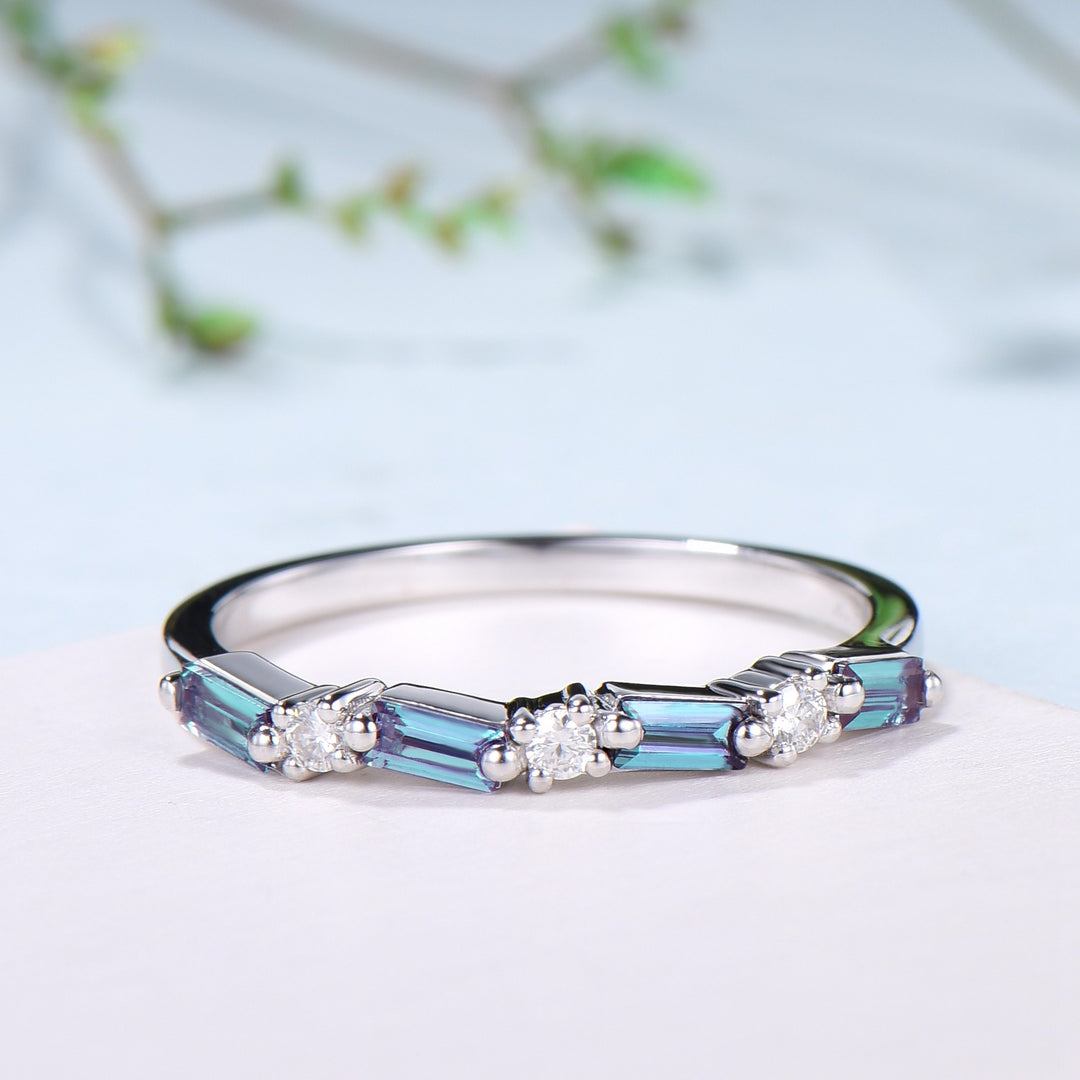 Vintage Alexandrite Eternity Wedding Band Women Unique Baguette Alexandrite Stackable Ring June Birthstone Matching Band Anniversary Gift - PENFINE