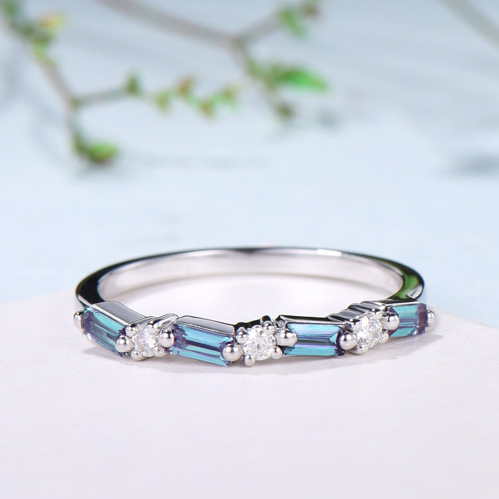 Vintage Alexandrite Eternity Wedding Band Women Unique Baguette Alexandrite Stackable Ring June Birthstone Matching Band Anniversary Gift - PENFINE
