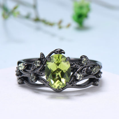 Unique Black Gold Peridot Ring Set Nature Inspired August Birthstone Engagement Ring branch twig peridot leaf wedding ring set for women - PENFINE