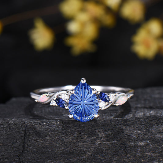 Teardrop Shaped Fantasy Cut Sapphire Engagement Ring Moissanite Opal Cluster Ring