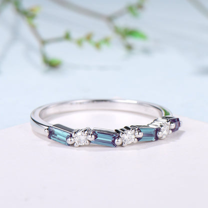 Vintage Alexandrite Eternity Wedding Band Women Unique Baguette Alexandrite Stackable Ring June Birthstone Matching Band Anniversary Gift - PENFINE
