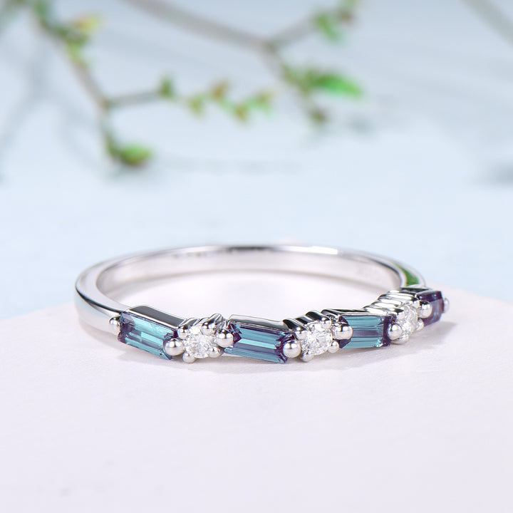 Vintage Alexandrite Eternity Wedding Band Women Unique Baguette Alexandrite Stackable Ring June Birthstone Matching Band Anniversary Gift - PENFINE