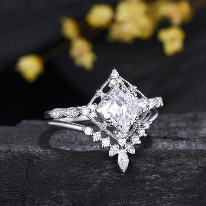2CT Princess Cut Moissanite Art Deco Bridal Ring Set Moissanite White Gold Matching Band