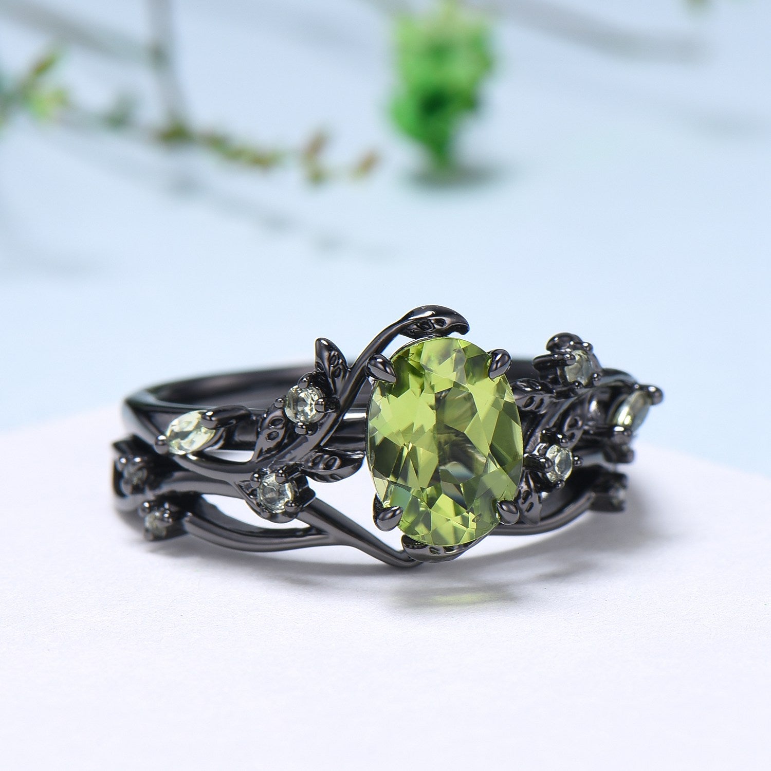 Unique Black Gold Peridot Ring Set Nature Inspired August Birthstone Engagement Ring branch twig peridot leaf wedding ring set for women - PENFINE