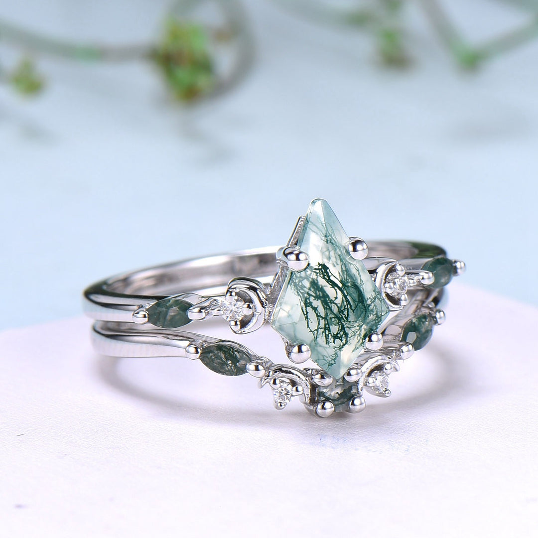 Vintage kite cut moss agate ring Five Stone crescent moon engagement ring art deco delicate bridal wedding set handmade anniversary gift - PENFINE