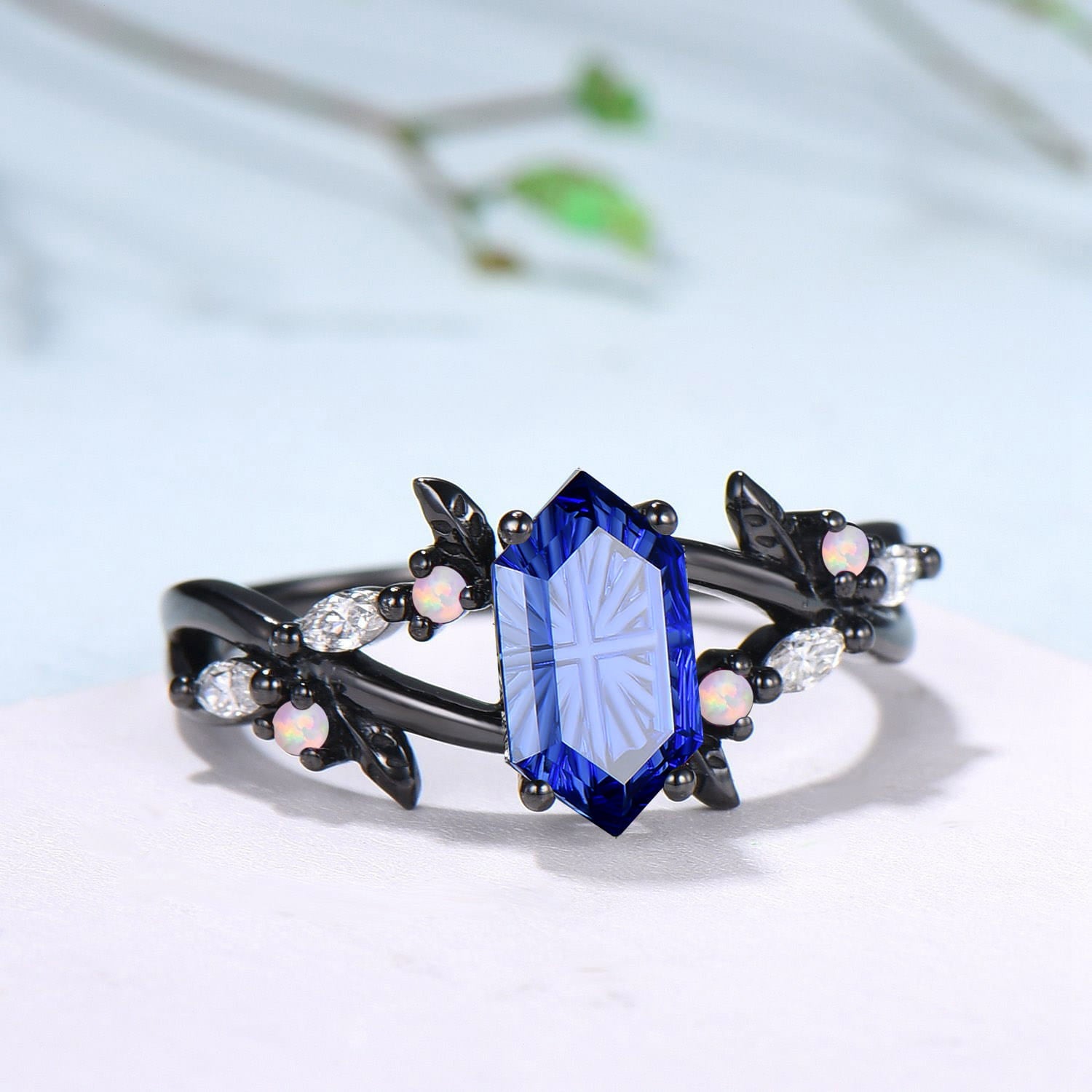 Gothic Split Shank Black Gold Hexagon Cut Starbrite Sapphire Engagement Ring, Leaf Vine Cluster Opal Jewelry
