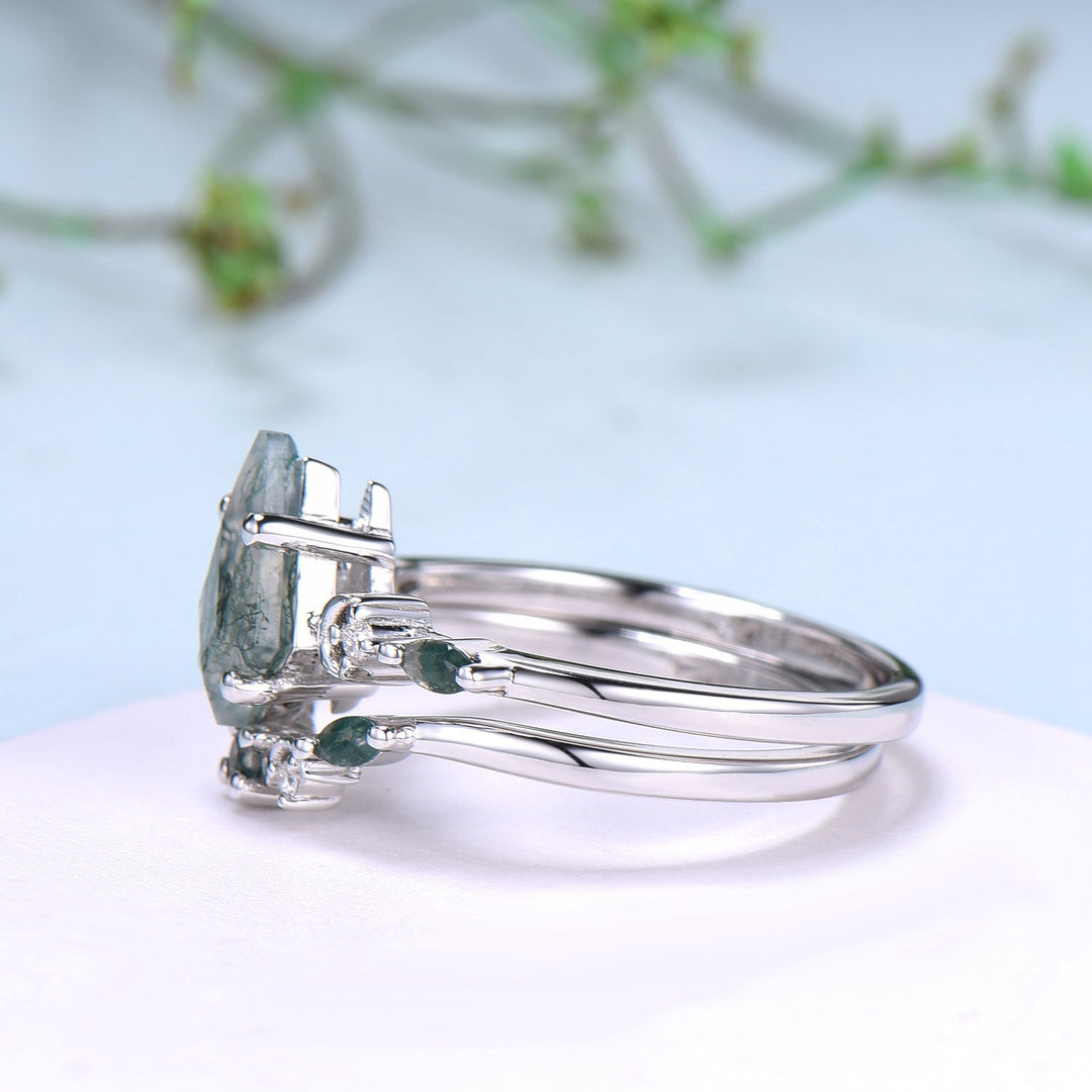 Vintage kite cut moss agate ring Five Stone crescent moon engagement ring art deco delicate bridal wedding set handmade anniversary gift - PENFINE