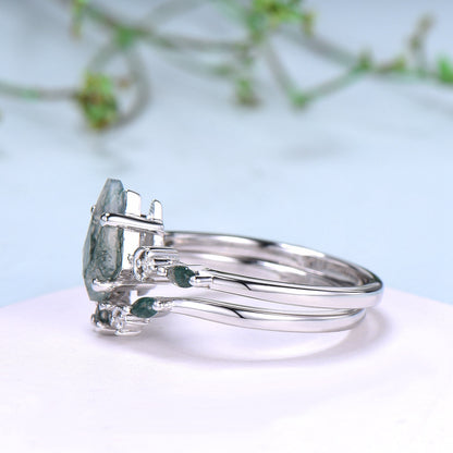 Vintage kite cut moss agate ring Five Stone crescent moon engagement ring art deco delicate bridal wedding set handmade anniversary gift - PENFINE