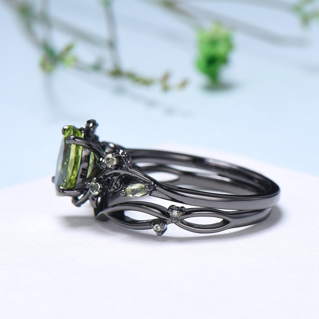 Unique Black Gold Peridot Ring Set Nature Inspired August Birthstone Engagement Ring branch twig peridot leaf wedding ring set for women - PENFINE