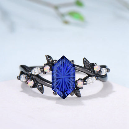 Gothic Split Shank Black Gold Hexagon Cut Starbrite Sapphire Engagement Ring, Leaf Vine Cluster Opal Jewelry