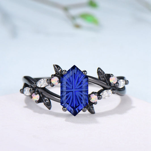 Gothic Split Shank Black Gold Hexagon Cut Starbrite Sapphire Engagement Ring, Leaf Vine Cluster Opal Jewelry