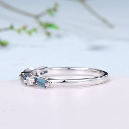 Vintage Alexandrite Eternity Wedding Band Women Unique Baguette Alexandrite Stackable Ring June Birthstone Matching Band Anniversary Gift - PENFINE