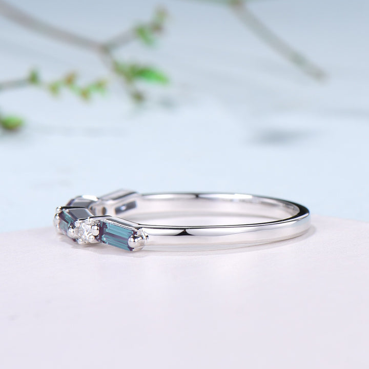 Vintage Alexandrite Eternity Wedding Band Women Unique Baguette Alexandrite Stackable Ring June Birthstone Matching Band Anniversary Gift - PENFINE