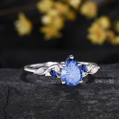 Teardrop Shaped Fantasy Cut Sapphire Engagement Ring Moissanite Opal Cluster Ring