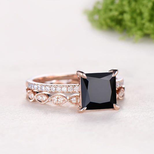 Vintage Princess Cut Natural Black Onyx Engagement Ring Set, Retro 14K Rose Gold Onyx Wedding Set, Art Deco Marquise Diamond Stacking Ring
