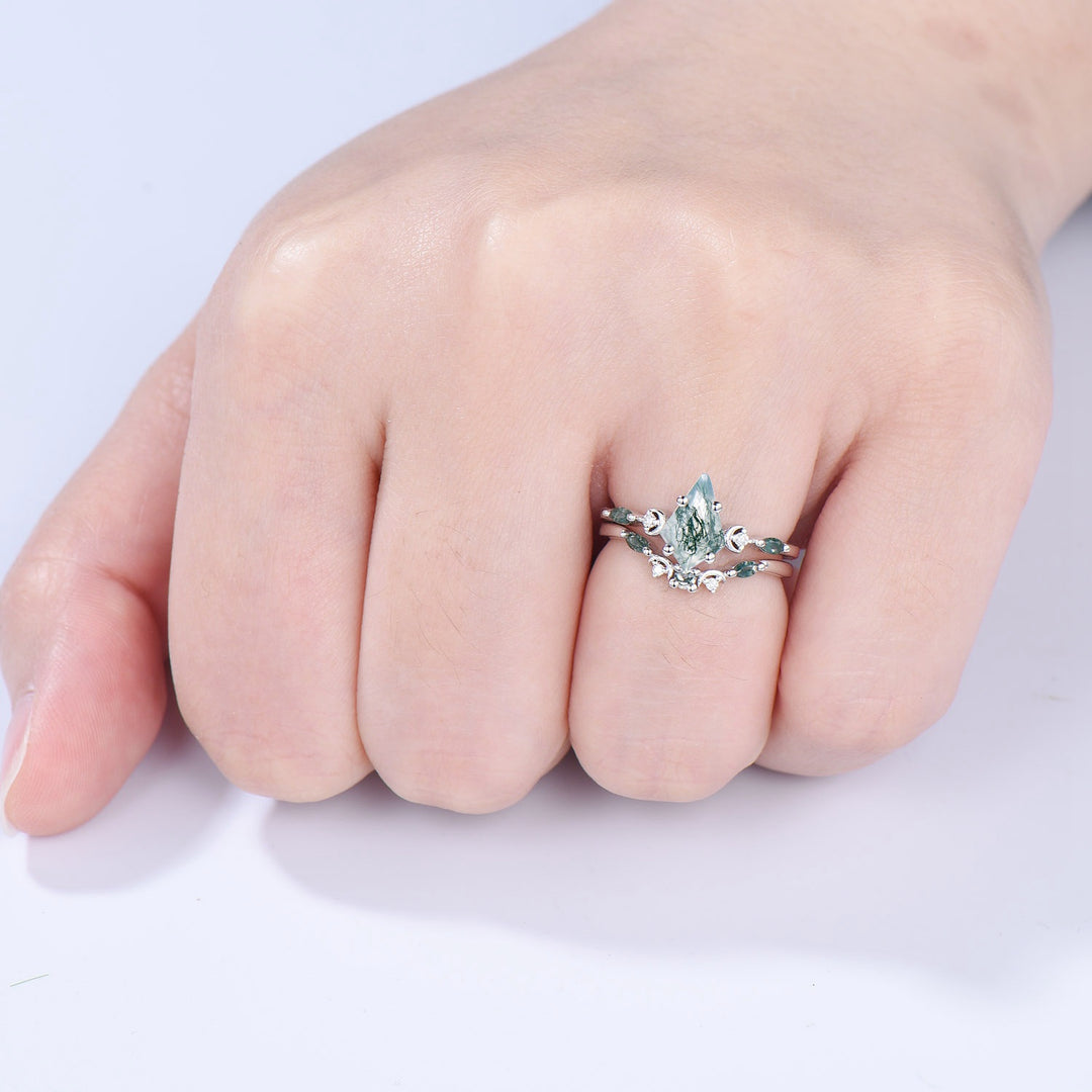 Vintage kite cut moss agate ring Five Stone crescent moon engagement ring art deco delicate bridal wedding set handmade anniversary gift - PENFINE