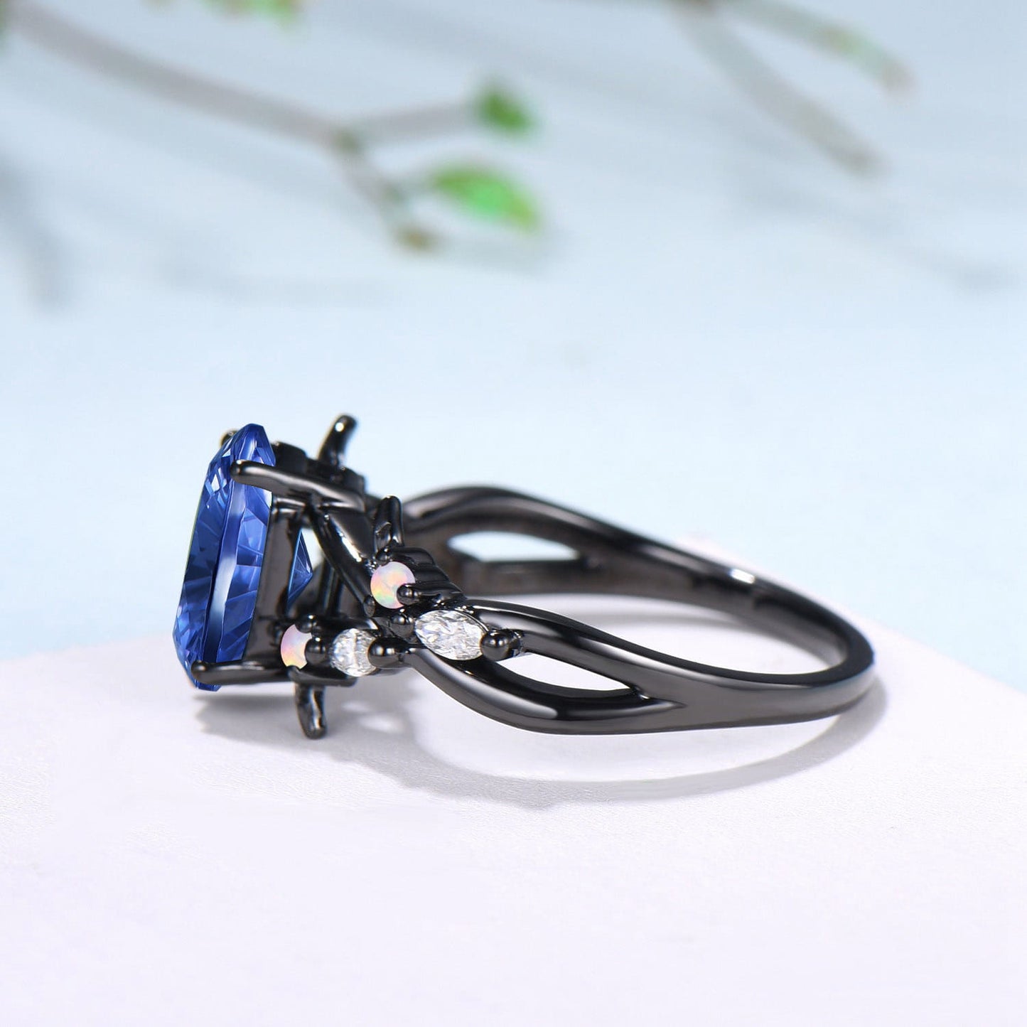 Gothic Split Shank Black Gold Hexagon Cut Starbrite Sapphire Engagement Ring, Leaf Vine Cluster Opal Jewelry