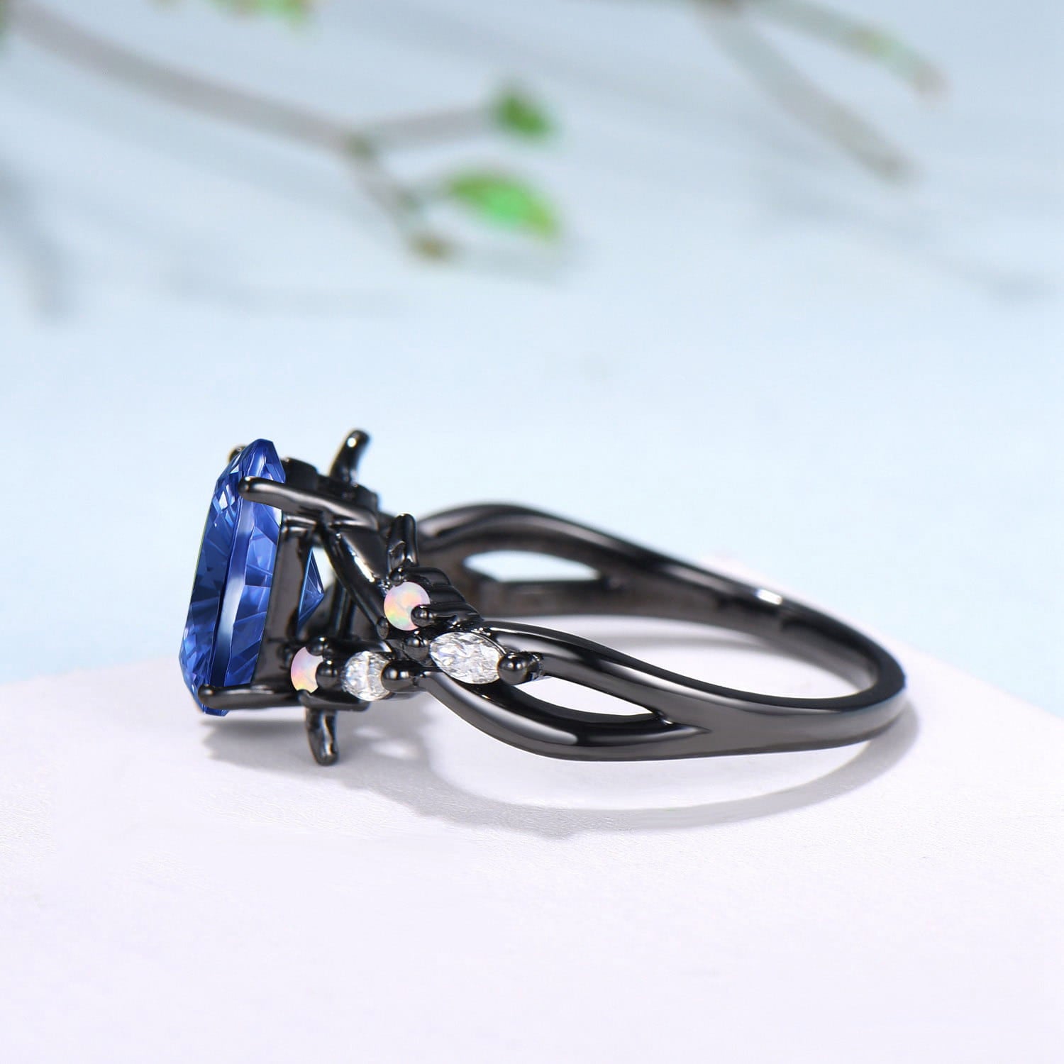 Gothic Split Shank Black Gold Hexagon Cut Starbrite Sapphire Engagement Ring, Leaf Vine Cluster Opal Jewelry