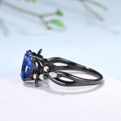 Gothic Split Shank Black Gold Hexagon Cut Starbrite Sapphire Engagement Ring, Leaf Vine Cluster Opal Jewelry