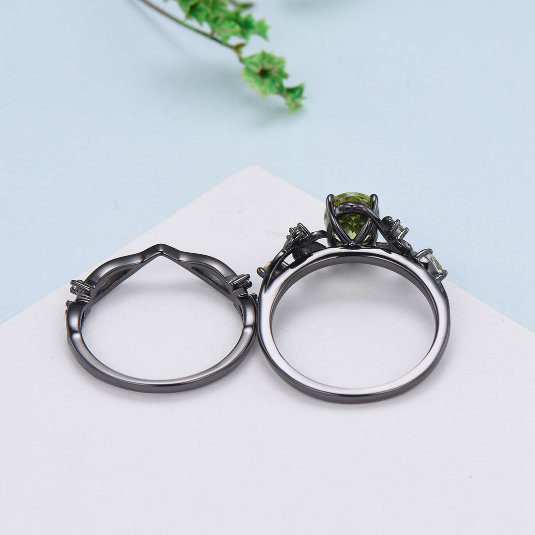 Unique Black Gold Peridot Ring Set Nature Inspired August Birthstone Engagement Ring branch twig peridot leaf wedding ring set for women - PENFINE