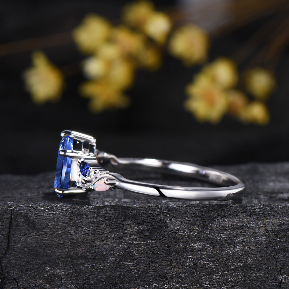 Teardrop Shaped Fantasy Cut Sapphire Engagement Ring Moissanite Opal Cluster Ring