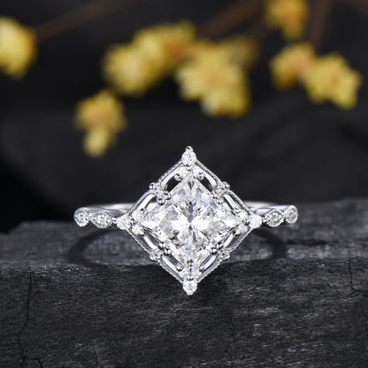2CT Princess Cut Moissanite Art Deco Bridal Ring Set Moissanite White Gold Matching Band