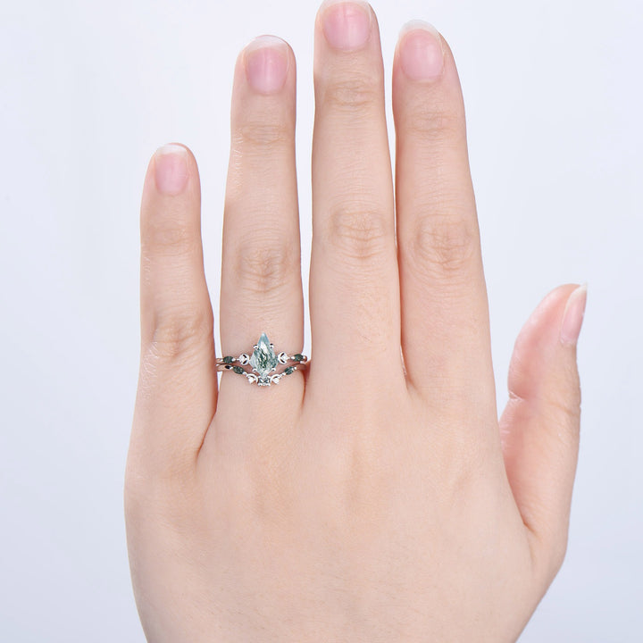 Vintage kite cut moss agate ring Five Stone crescent moon engagement ring art deco delicate bridal wedding set handmade anniversary gift - PENFINE