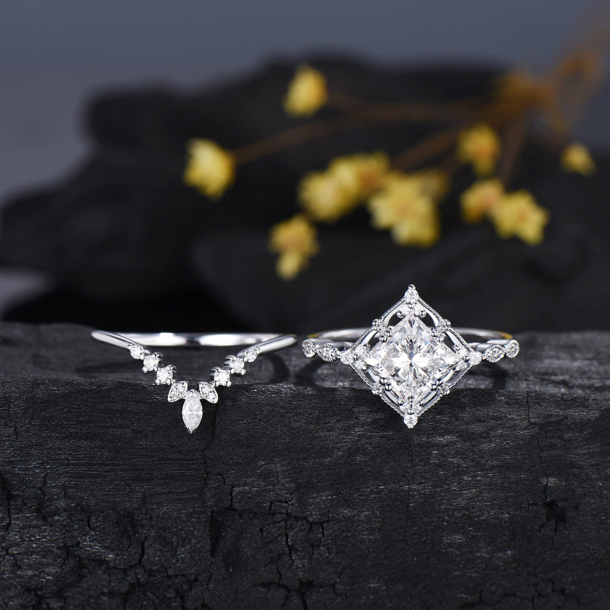 2CT Princess Cut Moissanite Art Deco Bridal Ring Set Moissanite White Gold Matching Band