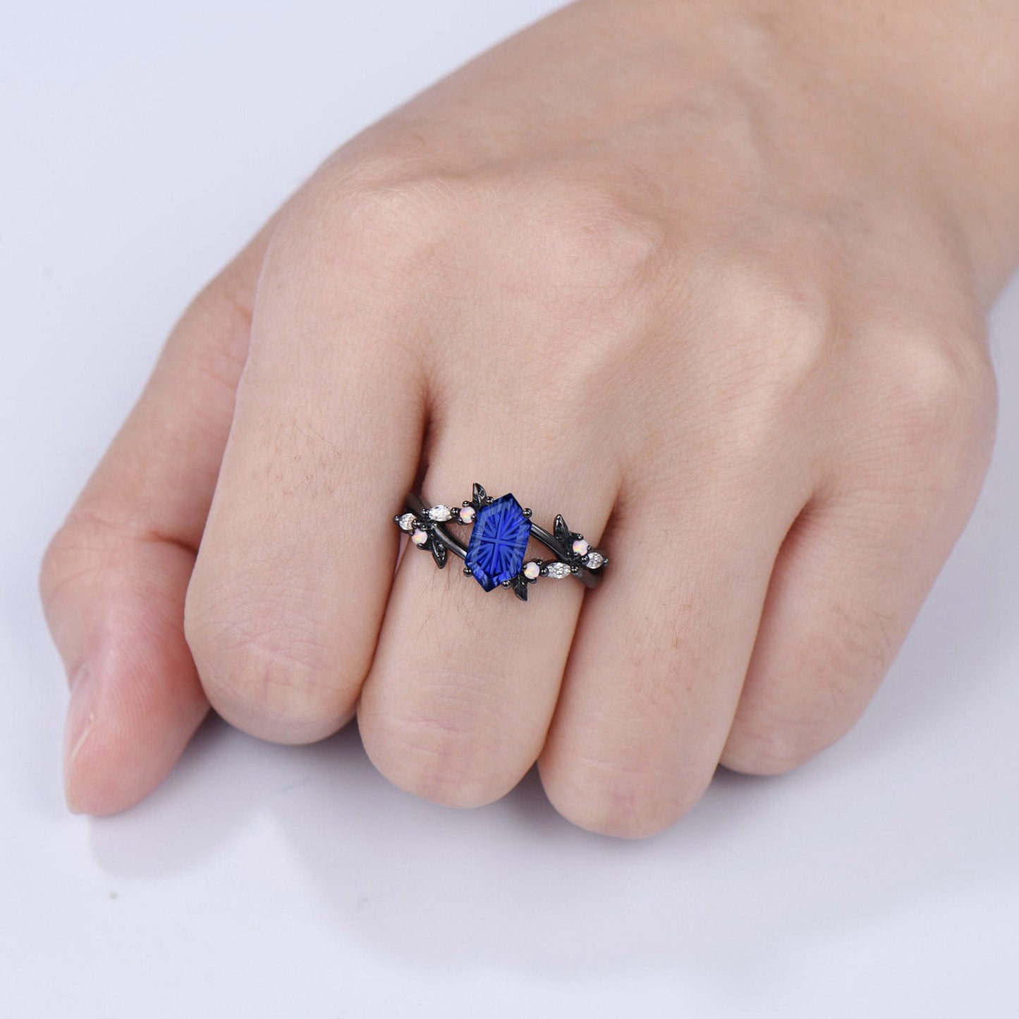 Gothic Split Shank Black Gold Hexagon Cut Starbrite Sapphire Engagement Ring, Leaf Vine Cluster Opal Jewelry