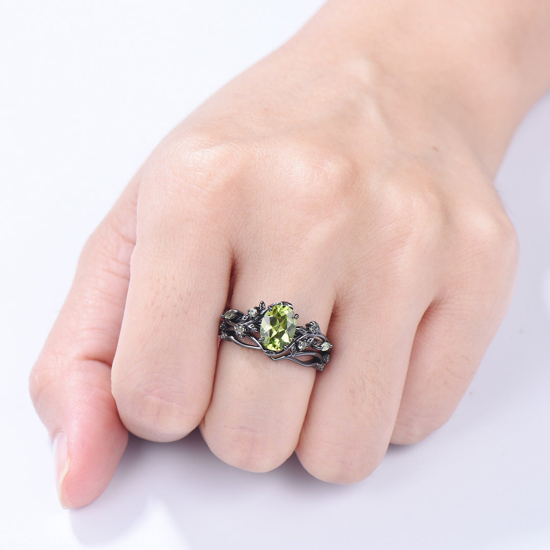 Unique Black Gold Peridot Ring Set Nature Inspired August Birthstone Engagement Ring branch twig peridot leaf wedding ring set for women - PENFINE