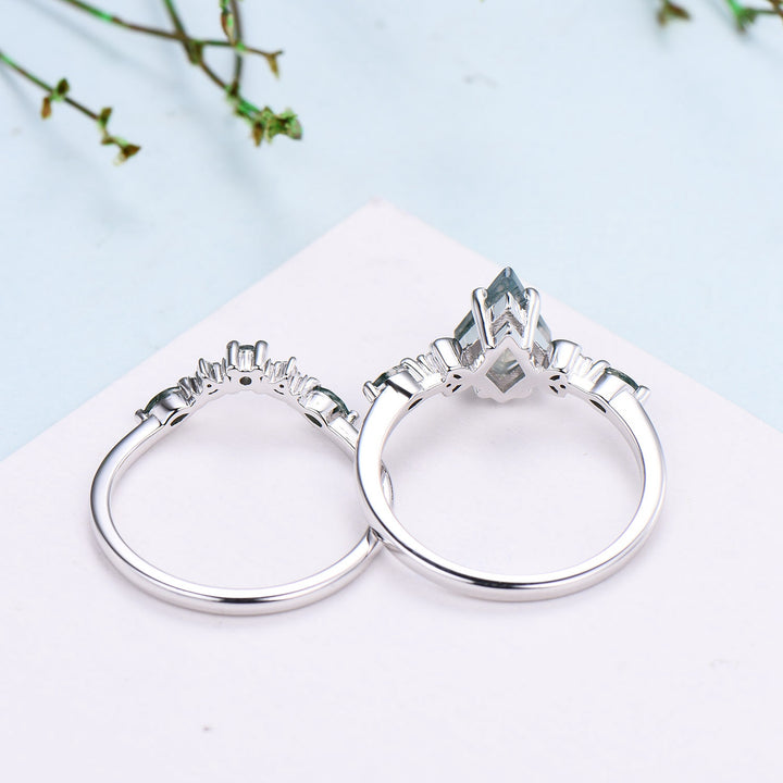 Vintage kite cut moss agate ring Five Stone crescent moon engagement ring art deco delicate bridal wedding set handmade anniversary gift - PENFINE