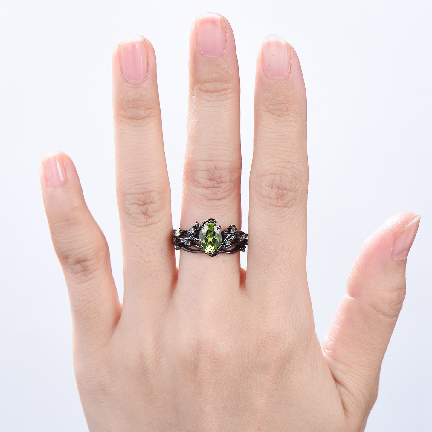 Unique Black Gold Peridot Ring Set Nature Inspired August Birthstone Engagement Ring branch twig peridot leaf wedding ring set for women - PENFINE