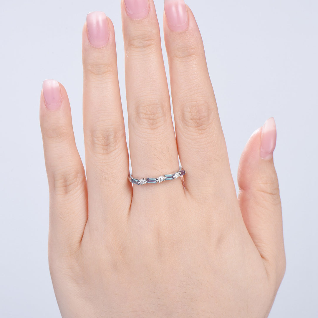 Vintage Alexandrite Eternity Wedding Band Women Unique Baguette Alexandrite Stackable Ring June Birthstone Matching Band Anniversary Gift - PENFINE