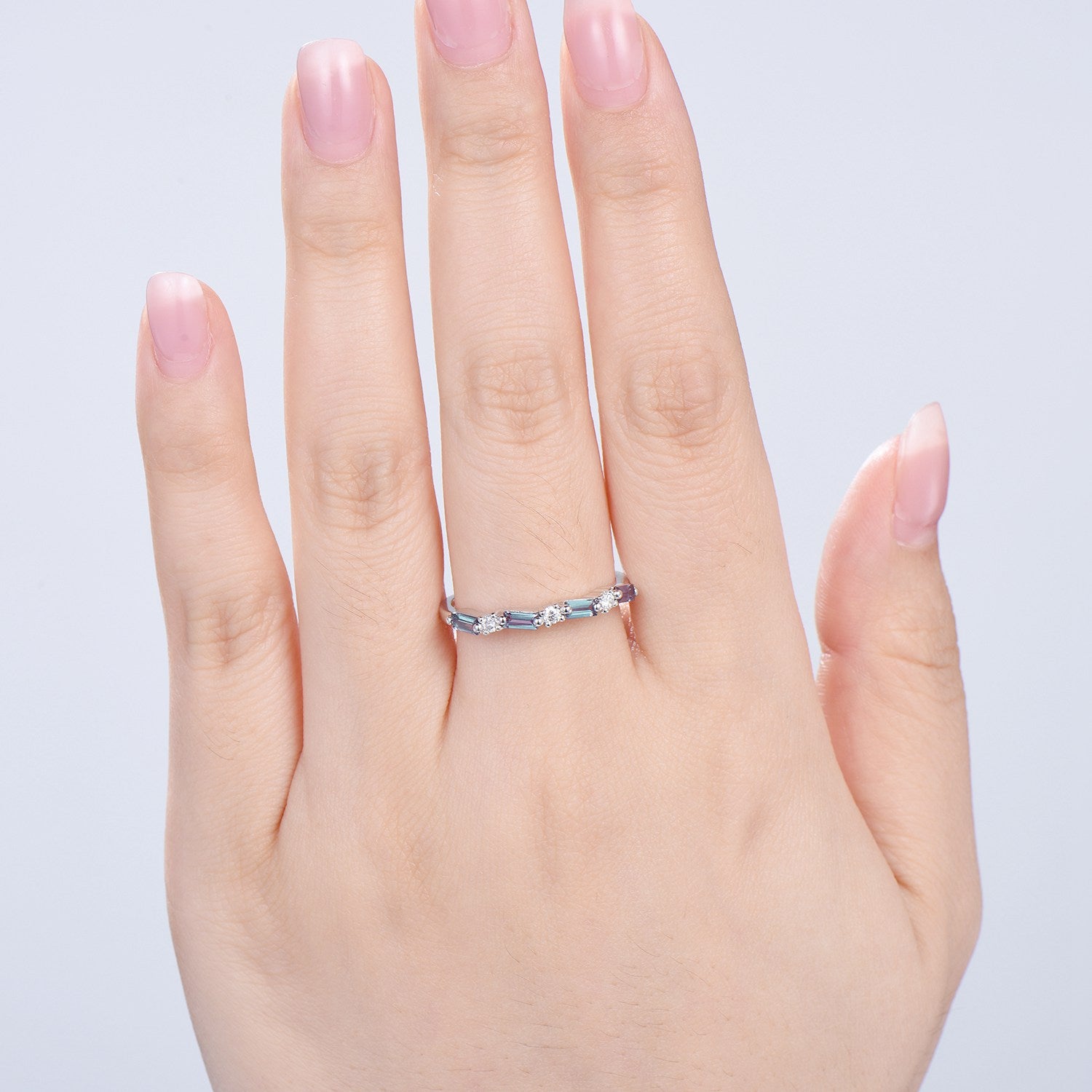 Vintage Alexandrite Eternity Wedding Band Women Unique Baguette Alexandrite Stackable Ring June Birthstone Matching Band Anniversary Gift - PENFINE