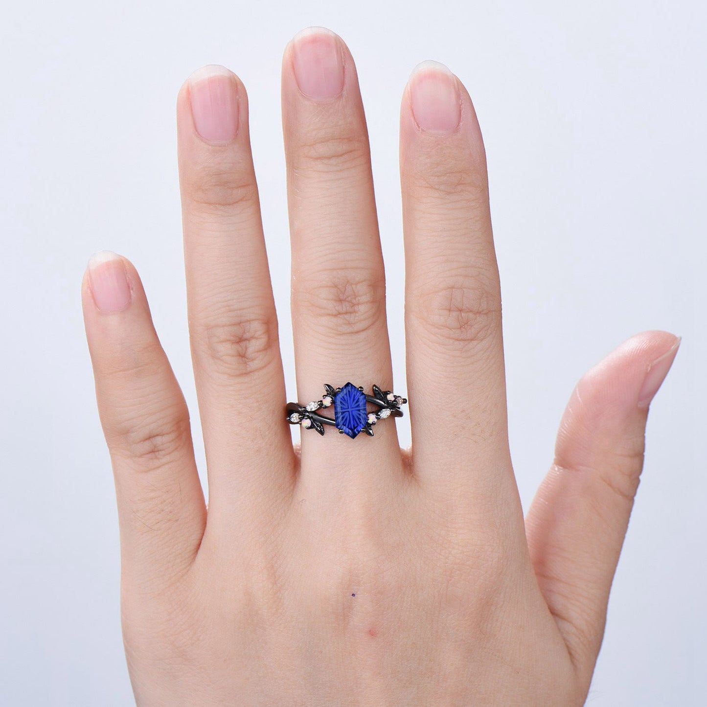 Gothic Split Shank Black Gold Hexagon Cut Starbrite Sapphire Engagement Ring, Leaf Vine Cluster Opal Jewelry