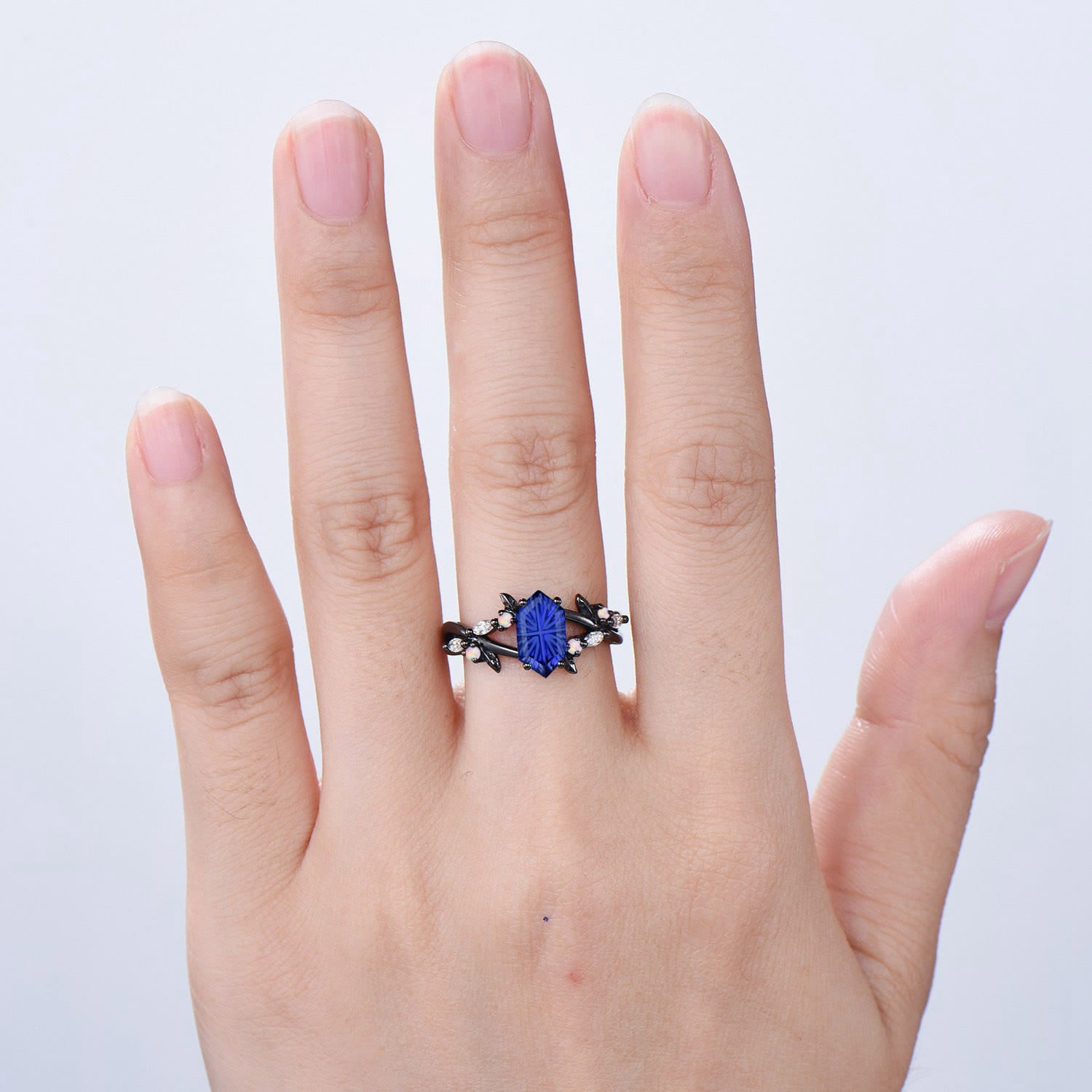 Gothic Split Shank Black Gold Hexagon Cut Starbrite Sapphire Engagement Ring, Leaf Vine Cluster Opal Jewelry