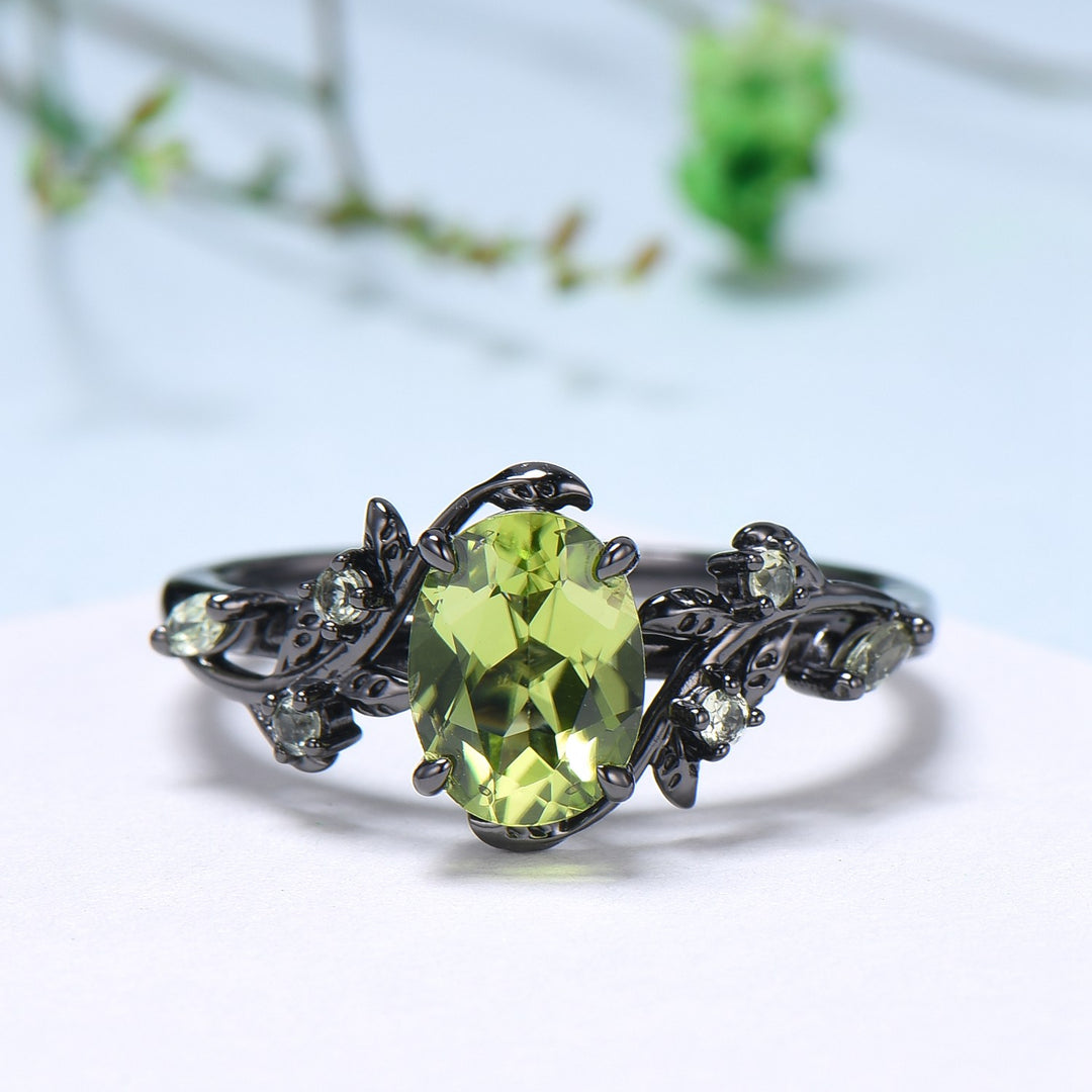 Unique Black Gold Peridot Ring Set Nature Inspired August Birthstone Engagement Ring branch twig peridot leaf wedding ring set for women - PENFINE