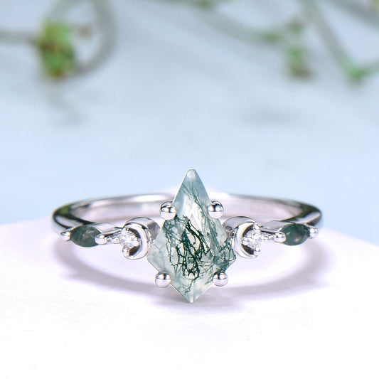 Vintage kite cut moss agate ring Five Stone crescent moon engagement ring art deco delicate bridal wedding set handmade anniversary gift - PENFINE
