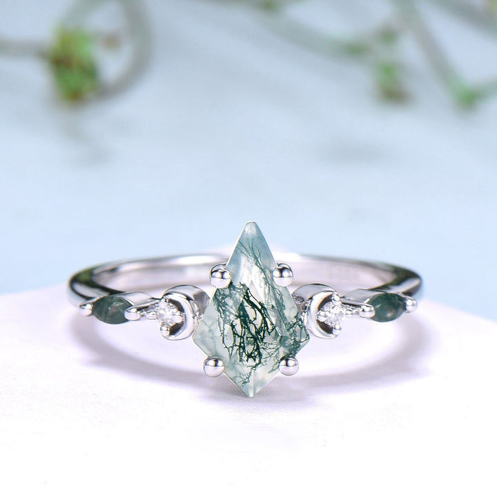 Vintage kite cut moss agate ring Five Stone crescent moon engagement ring art deco delicate bridal wedding set handmade anniversary gift - PENFINE