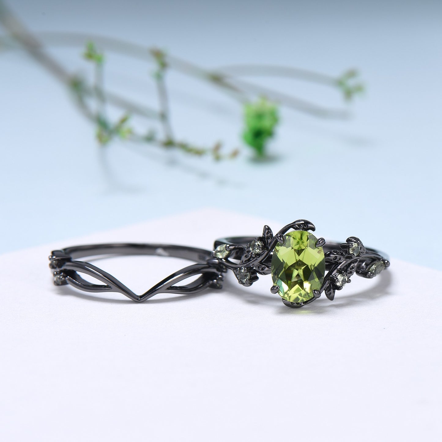 Unique Black Gold Peridot Ring Set Nature Inspired August Birthstone Engagement Ring branch twig peridot leaf wedding ring set for women - PENFINE