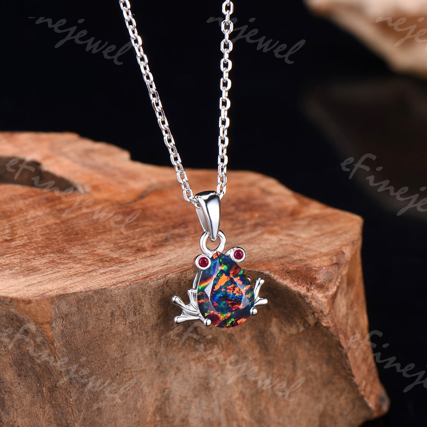 Pear Cut Black Opal Frog Jewelry Set Silver Animal Inspired Ring Necklace Stud Earrings
