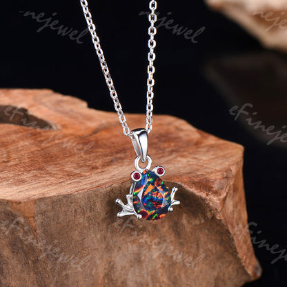 Pear Cut Black Opal Frog Jewelry Set Silver Animal Inspired Ring Necklace Stud Earrings