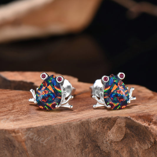 Pear Cut Black Opal Frog Jewelry Set Silver Animal Inspired Ring Necklace Stud Earrings