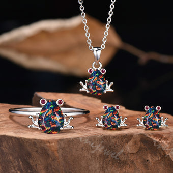 Pear Cut Black Opal Frog Jewelry Set Silver Animal Inspired Ring Necklace Stud Earrings
