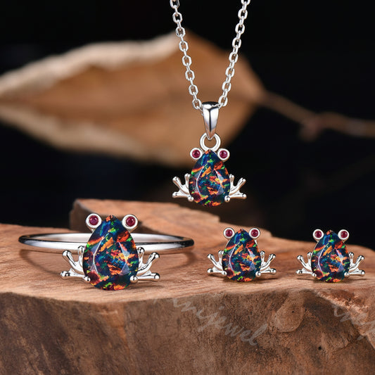 Pear Cut Black Opal Frog Jewelry Set Silver Animal Inspired Ring Necklace Stud Earrings
