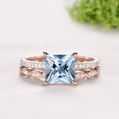 2 Carat Princess Cut Natural Aqumarine Engagement Ring Set, 14K Rose Gold March Birthstone Wedding Set, Art Deco Anniversary Jewelry Gift